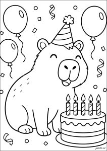 Capybara avec chapeau de fête et gâteau d'anniversaire