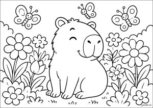 Capybara assis parmi les fleurs