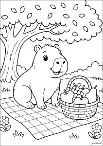 Capybara assis devant un panier de fruits