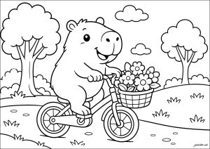 Capybara sur un vélo avec des fleurs