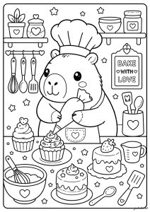 Capybara pâtissier décorant des cupcakes
