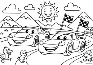 Course de voitures. Deux voitures souriantes sur une route sinueuse, entourées de montagnes majestueuses. Des canards gambadent joyeusement à proximité, sous un soleil radieux. Course De Voitures