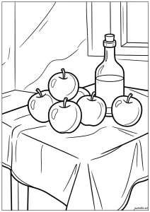 Nature morte avec pommes et bouteille