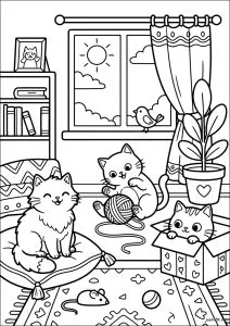 Trois chatons joueurs dans un salon cosy