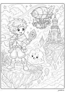 Aventure fantastique dans les airs. Jeune aventurier tenant une boussole avec un dirigeable volant au-dessus de son île flottante. Un château mystérieux se profile à l'horizon.