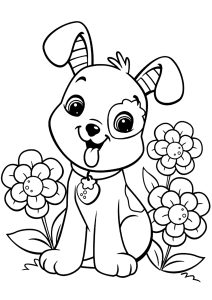 Coloriage enfants chien fleurs