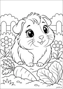 Cochon d'inde avec carotte dans le jardin. Un cochon d'Inde assis sur le sol avec deux fleurs à côté de lui et une carotte devant.