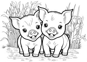 Coloriage enfants deux cochons 1