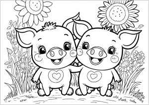 Coloriage enfants deux cochons 2