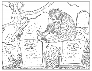 Simple coloriage de Halloween pour enfants, avec Beetlejuice dans un cimetière