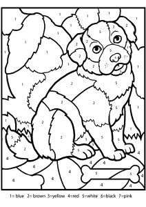 Coloriage magique d'un beau chien, avec couleurs en anglais