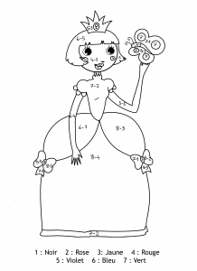 Coloriage magique avec des soustractions d'une jolie princesse