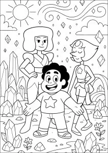 Trois personnages devant des cristaux