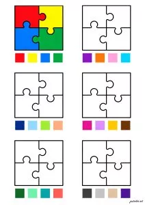 Carrés de puzzle avec couleurs assorties. Six carrés de puzzle sont alignés en deux colonnes, chacun avec quatre pièces. Des couleurs différentes sont associées à chaque carré : il faut colorier les puzzles en respectant ces couleurs.
