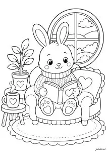 Moment de lecture pour un joli lapin dans un coin cosy de sa maison