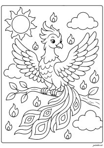 Phénix parmi les flammes et les nuages