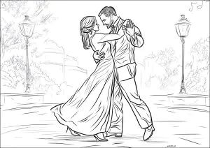 Couple réalisant un tango, entre deux lampadaires