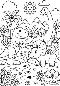 Trois dinosaures dans la jungle préhistorique