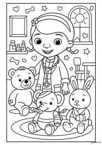 Docteur La Peluche avec un ourson, éléphant et lapin