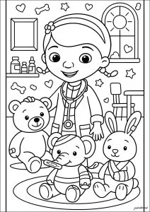 Docteur La Peluche avec un ourson, lapin et éléphant