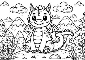 Coloriage enfants jeune dragon montagnes