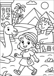 Aventure en Égypte avec un chameau et un sphinx. Une jeune exploratrice joyeuse part à la découverte des pyramides d'Égypte en compagnie d'un chameau amical. Une sphinx souriante veille sur le désert, entourée de palmiers et de hiéroglyphes à colorier.