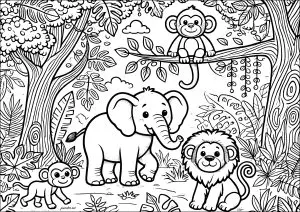 Un éléphant Et Ses Amis : Un Lion Et Deux Singes