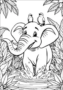 Éléphant Avec Deux Oiseaux Sur La Tête