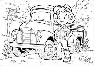 Coloriage enfant jeune fermier et camion