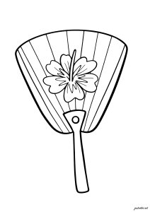 Fleur d’hibiscus sur éventail coréen traditionnel