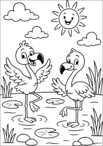 Flamants roses joyeux dansent au soleil