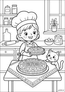 Fille avec une bonne galette des rois en cuisine