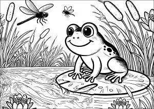 Grenouille Sur Un Nénuphar Et Libellule Volant