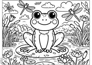 Jolie Petite Grenouille Sur Un Nénuphar Avec Des Libellules