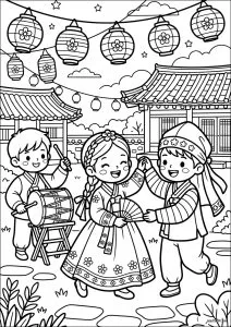 Danse et musique traditionnelle coréenne. Un garçon et une fille en hanbok dansent joyeusement au rythme du tambour buk joué par un musicien. Des lanternes en papier et des maisons hanok illuminent cette scène de festival coréen pleine de bonne humeur.