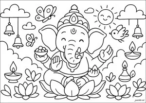 Ganesha joyeux parmi les lotus