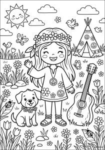 Enfant Hippie et Son Chien au Jardin Fleuri