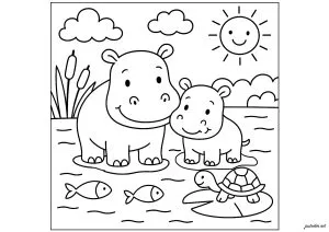 Famille d'hippopotames au bord de l'eau