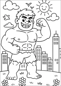 Héros musclé au cœur joyeux. Un personnage puissant exhibe ses muscles avec un grand sourire, entouré d'immeubles et d'un soleil souriant. Des nuages et des oiseaux apportent une touche de vie à la scène. Héros musclé au cœur joyeux