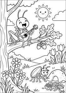Insecte jouant de la guitare sur une branche
