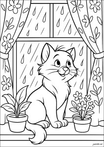 Un chat curieux derrière une fenêtre : dehors, il pleut