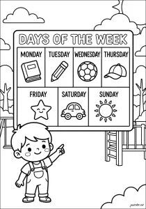 Enfant montrant un tableau avec les jours de la semaine en anglais. Un enfant pointe un tableau avec les jours de la semaine (en anglais) et des dessins associés.