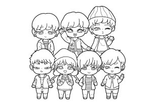 Chanteurs du groupe de musique BTS représentés en chibi