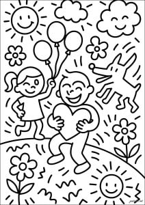 Dessin inspiré par les tableaux de Keith Haring. Un garçon et une fille s'amusent ensemble, entourés de fleurs et d'un chien espiègle. Des ballons et un cœur ajoutent à l'ambiance joyeuse.
Nous nous sommes inspiré des tableaux de Keith Haring pour créer ce beau coloriage ! Dessin Inspiré Par Les Tableaux De Keith Haring