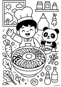 Le bibimbap des petits chefs. Un jeune cuisinier et son fidèle ami panda s'affairent autour d'un grand bol de bibimbap. Les légumes sont joliment disposés en sections, prêts à être coloriés avec des tons vifs et joyeux.