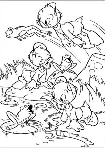 Riri, Fifi et Loulou avec des grenouilles