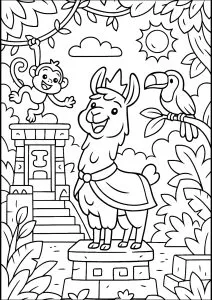 Lama avec un singe et un toucan