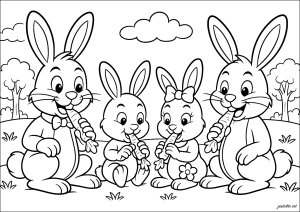 La famille lapins mangeant des carottes