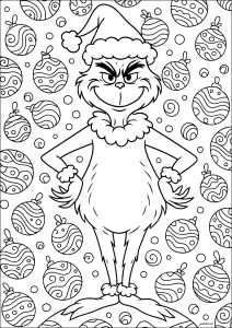 Le Grinch entouré de boules de Noël
