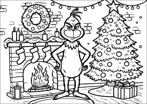 Le Grinch devant une cheminée et un sapin de Noël